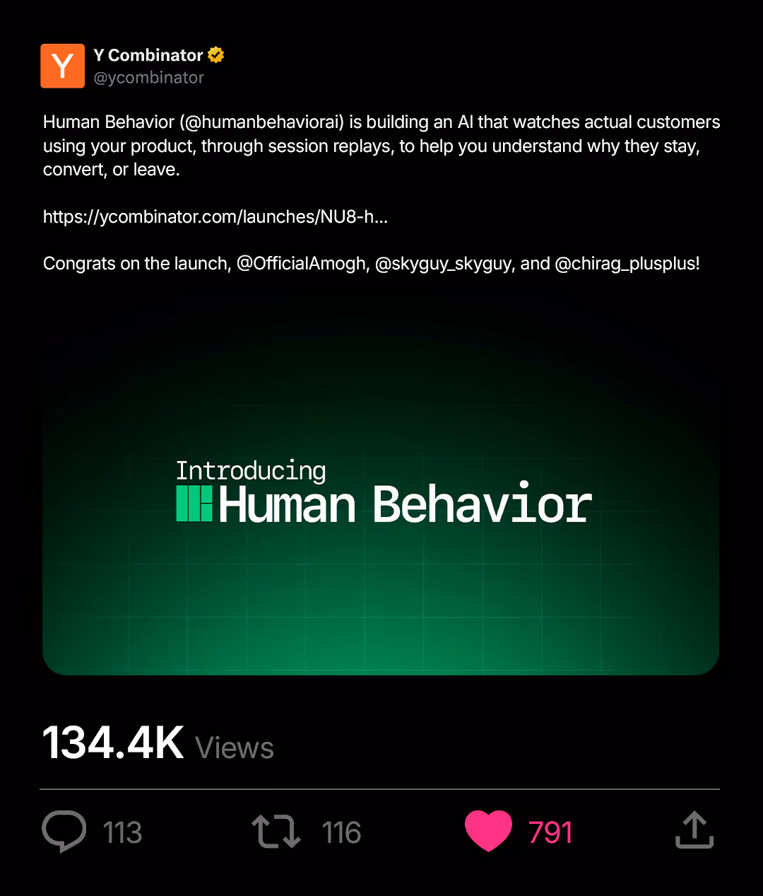 Y Combinator tweet about Human Behavior AI to analyze customer actions for better insights.